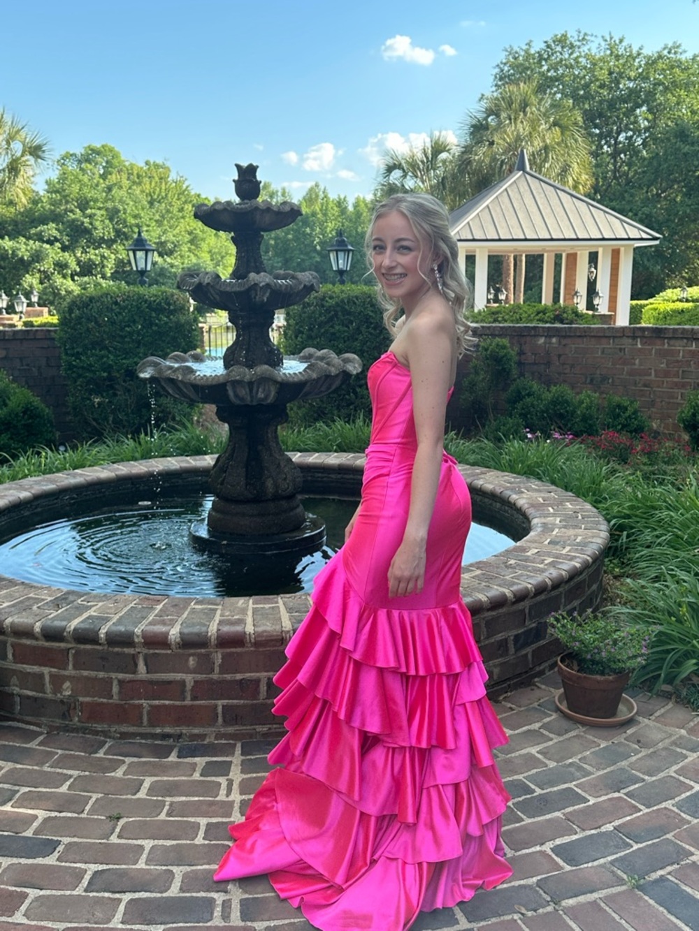 Sherri Hill Hot Pink Ruffled Satin Mermaid Gown